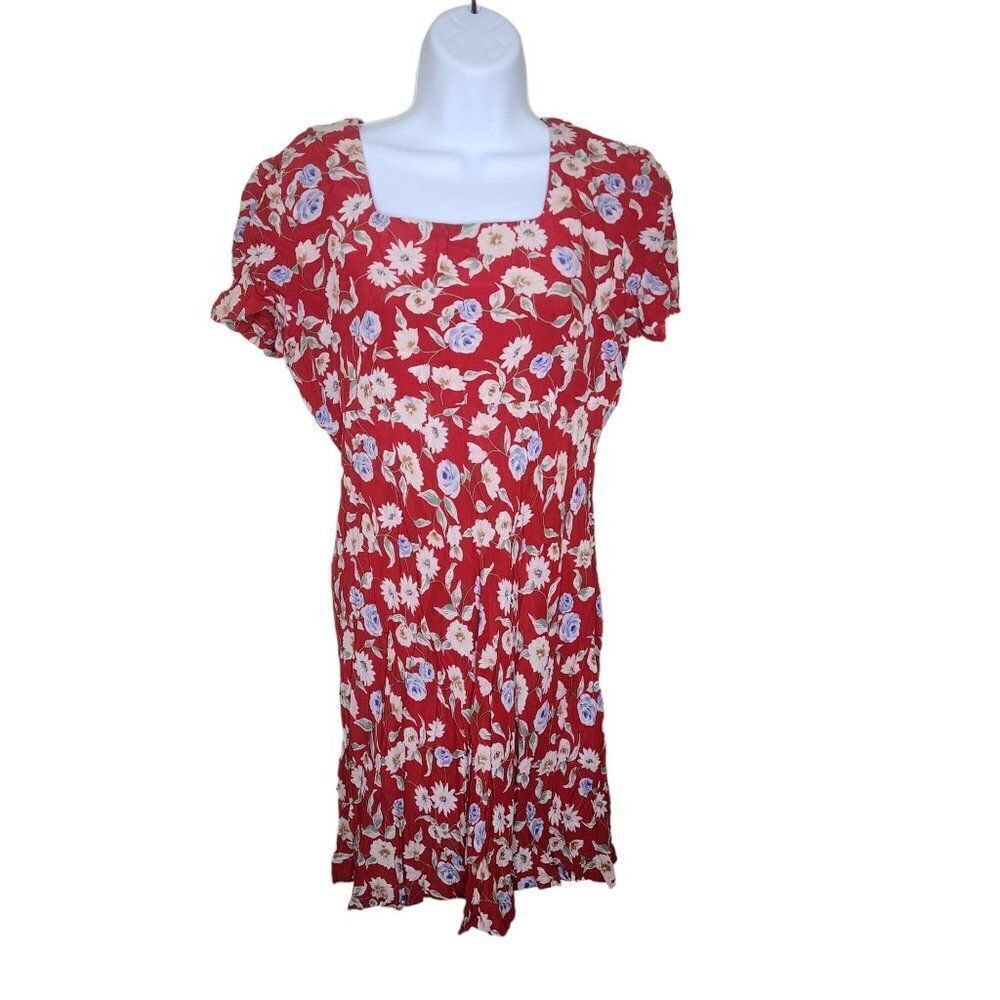 Vintage 90s Mini Sun Dress Womens Size 10 Red Floral Rayon